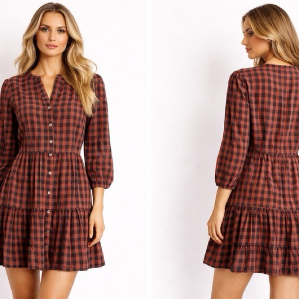 SHE+SKY 100%‎ Cotton Plaid Button-Front Tiered Checkered Mini Dress